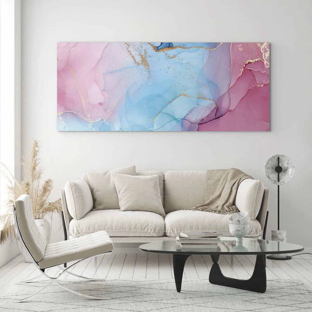 Quadro su vetro - Motivi pastello astratti con accenti dorati - 160x50cm - Incontro e compenetrazione - Decorazione murale moderna per soggiorno e camera da letto ARTTOR