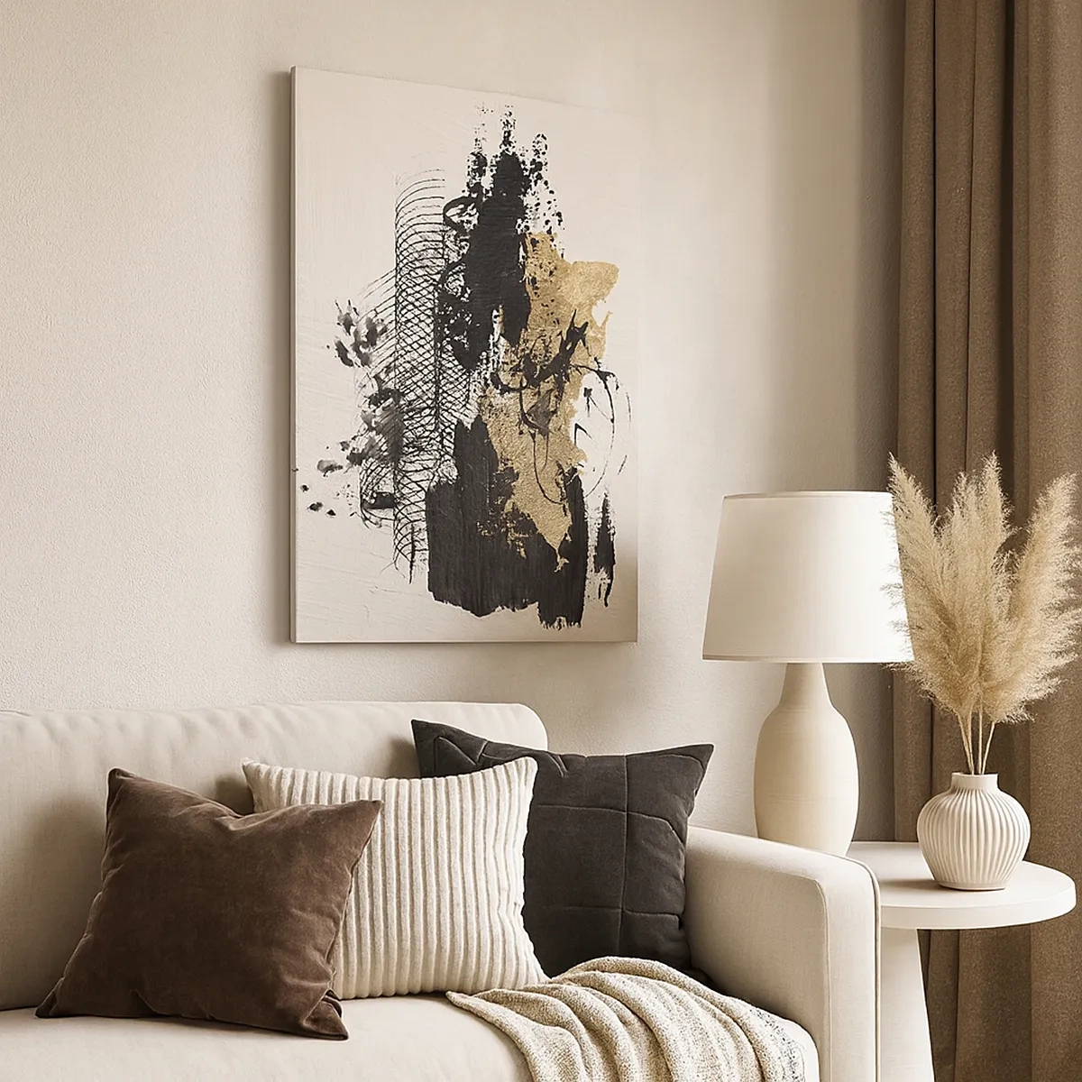 Quadro su tela - Stampe su Tela - Un dipinto astratto in nero e oro con linee e strutture dinamiche. - 50x70cm - Composizione con passione - Decorazione murale moderna per soggiorno e camera da letto ARTTOR
