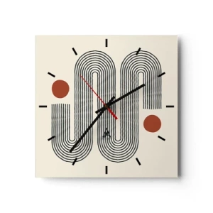 Orologio da parete - Orologio in Vetro - Motivo geometrico con linee e cerchi arancioni - 30x30cm - Dall'inizio alla fine - Decorazione murale moderna per soggiorno e camera da letto ARTTOR