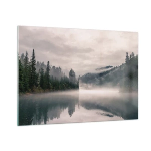 Quadro su vetro - Vista mattutina di un lago nella foresta, avvolto nella nebbia - 100x70cm - Riflettendo nella nebbia - Decorazione murale moderna per soggiorno e camera da letto ARTTOR