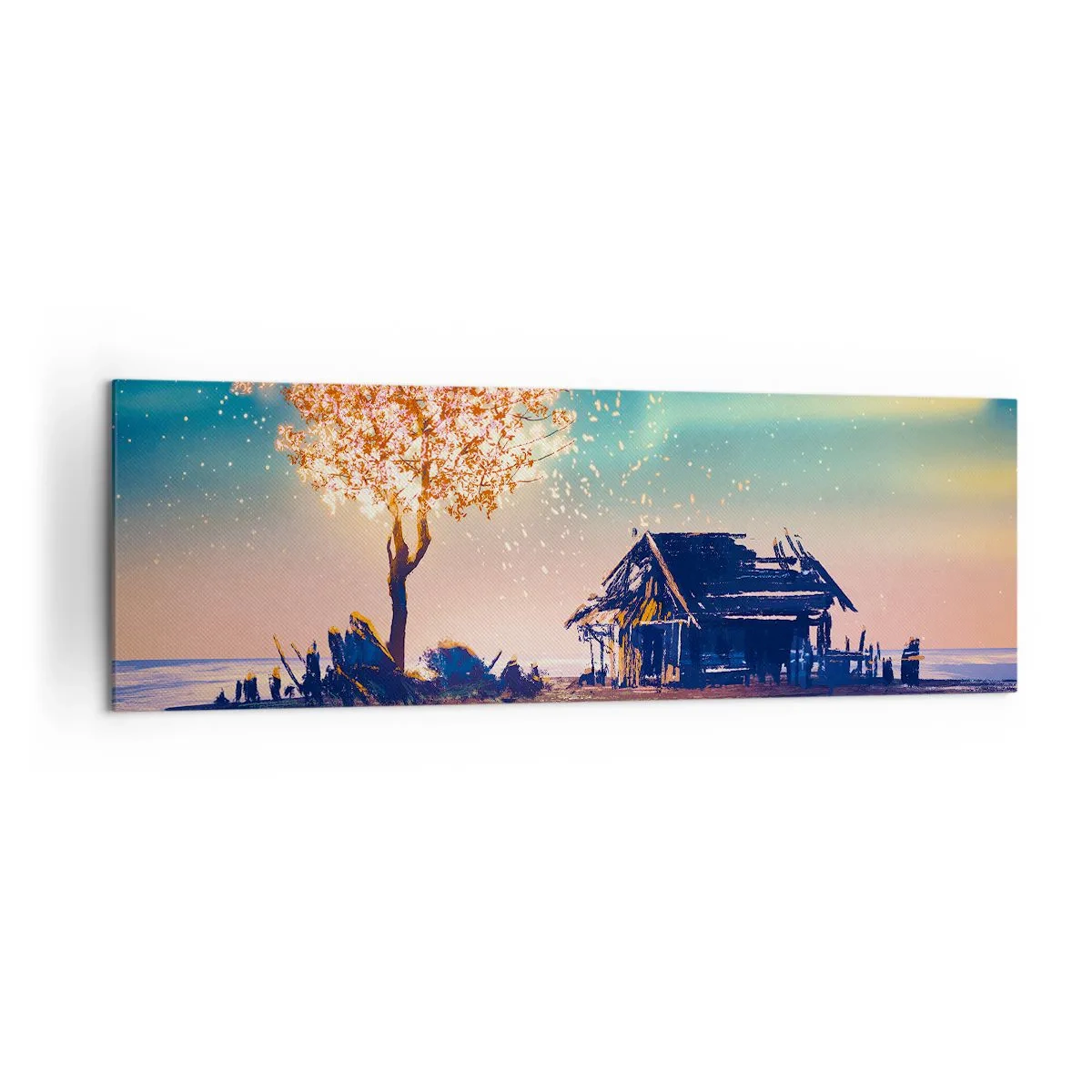 Quadro su tela - Stampe su Tela - Una casa e un albero in fiore sotto il cielo notturno - 160x50cm - La natura non passa - Decorazione murale moderna per soggiorno e camera da letto ARTTOR