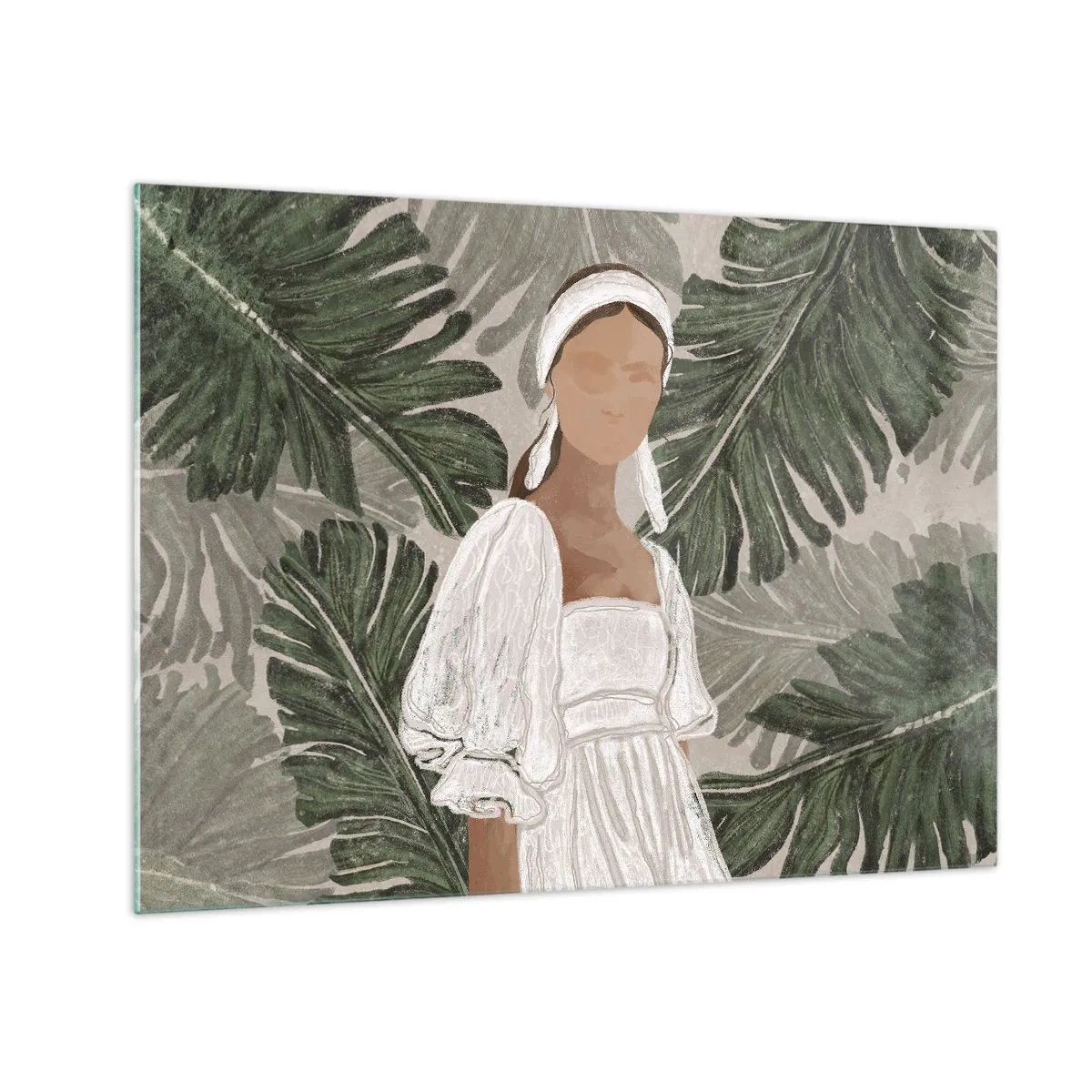 Quadro su vetro - Una donna con un abito bianco su uno sfondo di foglie tropicali verdi. - 70x50cm - Ritratto esotico - Decorazione murale moderna per soggiorno e camera da letto ARTTOR