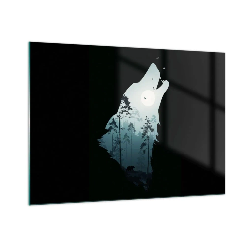 Quadro su vetro - Silhouette di un lupo con una foresta e la luna sullo sfondo su uno sfondo nero - 100x70cm - Voce di una notte boschiva - Decorazione murale moderna per soggiorno e camera da letto ARTTOR