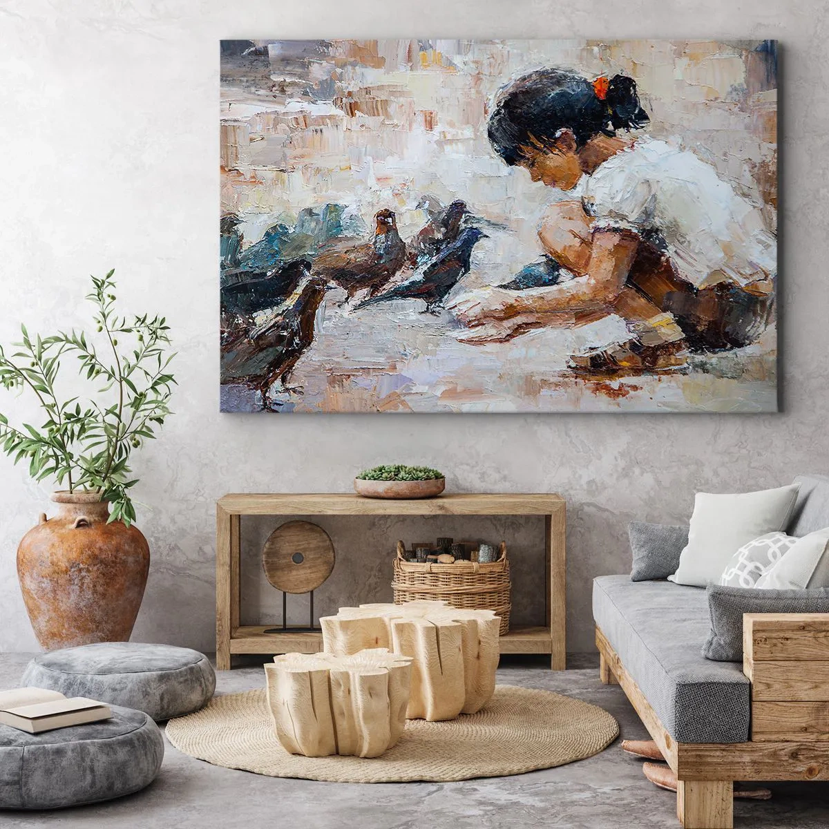 Quadro su tela - Stampe su Tela - Una ragazza che dà da mangiare agli uccelli in stile pittorico - 70x50cm - Piccoli e gentili - Decorazione murale moderna per soggiorno e camera da letto ARTTOR