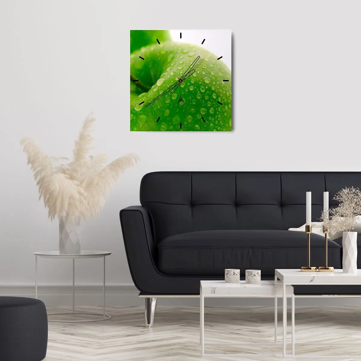 Orologio da parete - Orologio in Vetro - Primo piano di una mela verde con gocce d'acqua - 30x30cm - Rinfrescante verde freschezza - Decorazione murale moderna per soggiorno e camera da letto ARTTOR