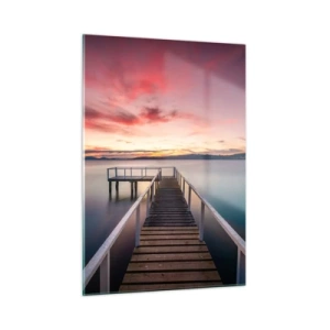 Quadro su vetro - Molo sul lago al tramonto con cielo rosa - 50x70cm - La fiamma mite della sera - Decorazione murale moderna per soggiorno e camera da letto ARTTOR