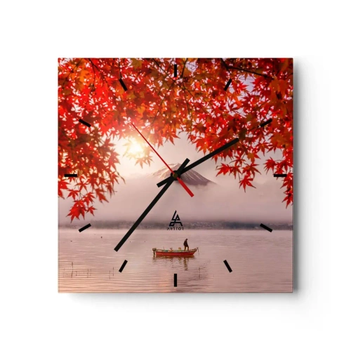 Orologio da parete - Orologio in Vetro - Una barca su un lago circondata da foglie di acero rosso - 30x30cm - Nell'atmosfera del Giappone - Decorazione murale moderna per soggiorno e camera da letto ARTTOR