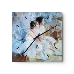 Orologio da parete - Orologio in Vetro - Due ballerine in abiti bianchi si rilassano su uno sfondo pastello. - 30x30cm - Il riposo dei giovani cigni - Decorazione murale moderna per soggiorno e camera da letto ARTTOR
