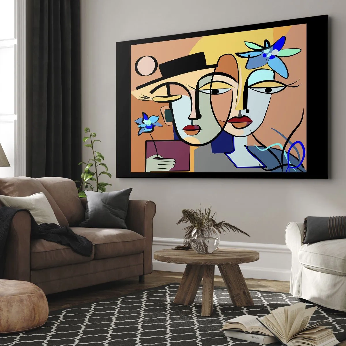 Quadro su tela - Stampe su Tela - Ritratti cubisti dai colori vivaci con motivo floreale - 120x80cm - Appuntamento in stile Picasso - Decorazione murale moderna per soggiorno e camera da letto ARTTOR