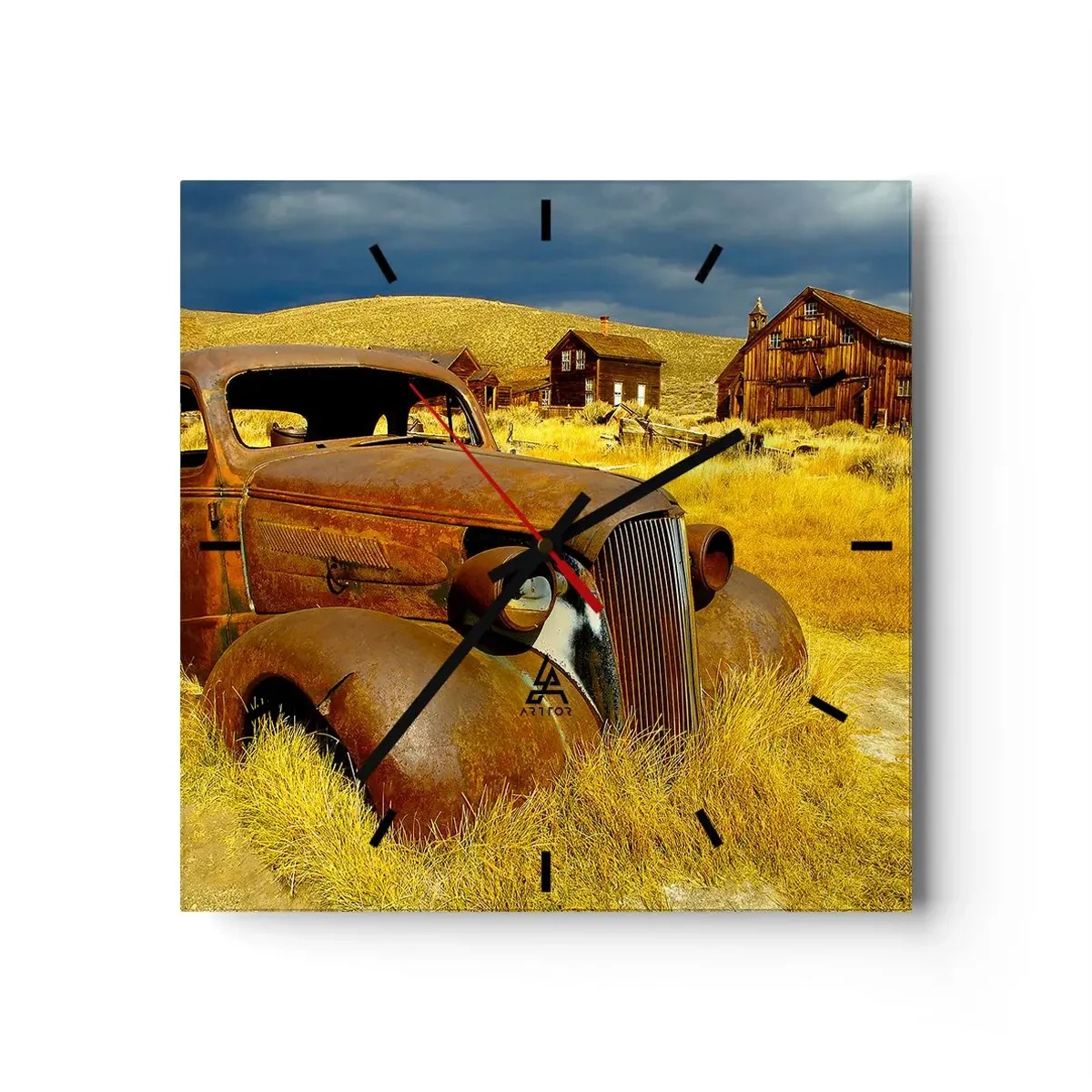 Orologio da parete - Orologio in Vetro - Una vecchia macchina arrugginita sullo sfondo di capanne di legno abbandonate - 30x30cm - Meritato riposo - Decorazione murale moderna per soggiorno e camera da letto ARTTOR