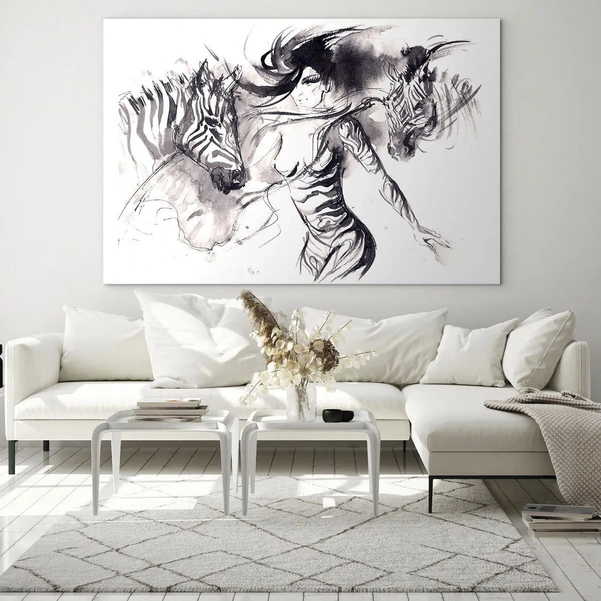 Quadro su vetro - Composizione in bianco e nero con una donna e una zebra in stile artistico - 100x70cm - Ballando con le zebre - Decorazione murale moderna per soggiorno e camera da letto ARTTOR