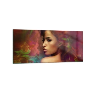 Quadro su vetro - Una donna con riflessi colorati che creano uno sfondo astratto - 120x50cm - Più bella dell'arcobaleno, delicata come la nebbia - Decorazione murale moderna per soggiorno e camera da letto ARTTOR