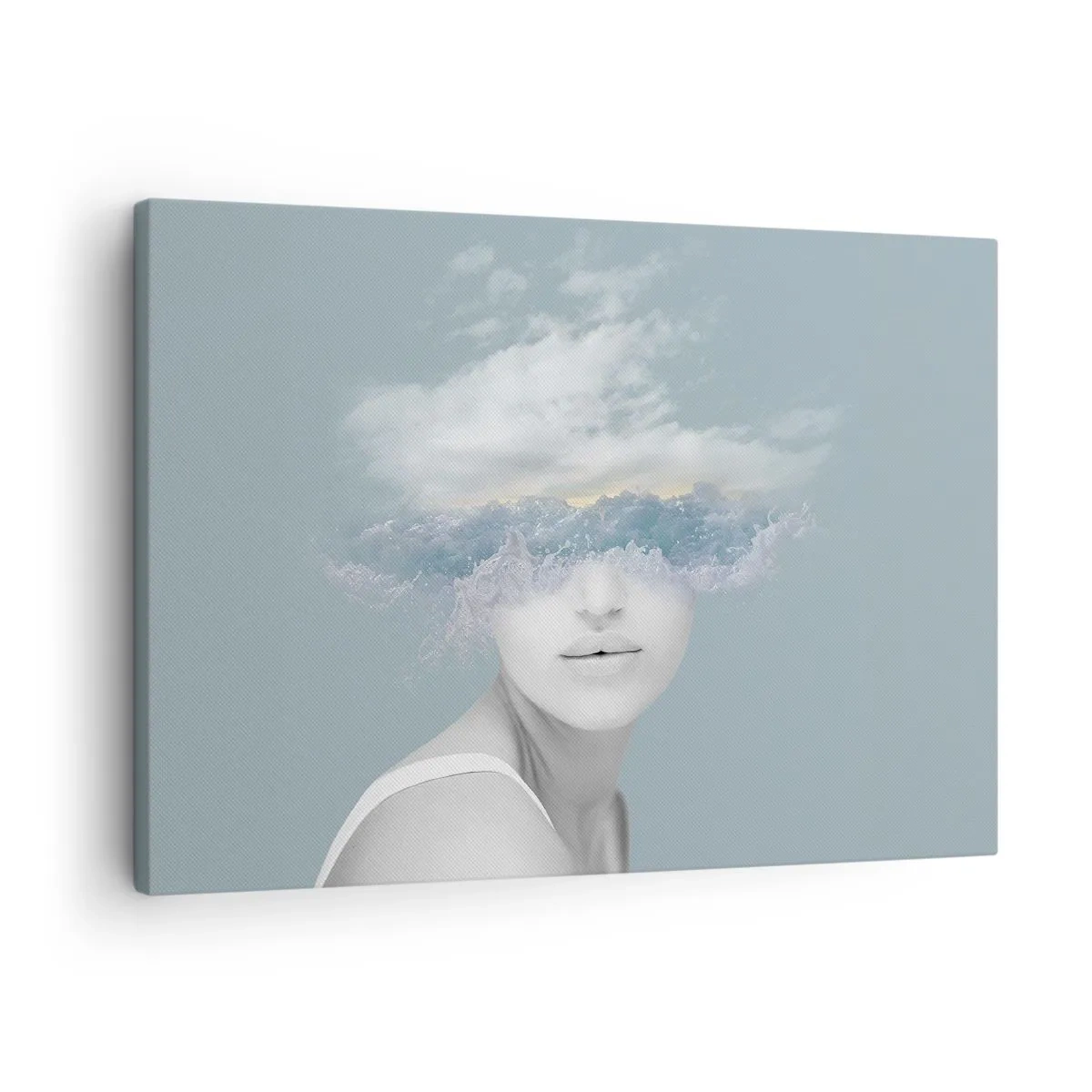 Quadro su tela - Stampe su Tela - Ritratto di una donna con il viso nascosto dietro nuvole e onde - 70x50cm - Con la testa tra le nuvole - Decorazione murale moderna per soggiorno e camera da letto ARTTOR