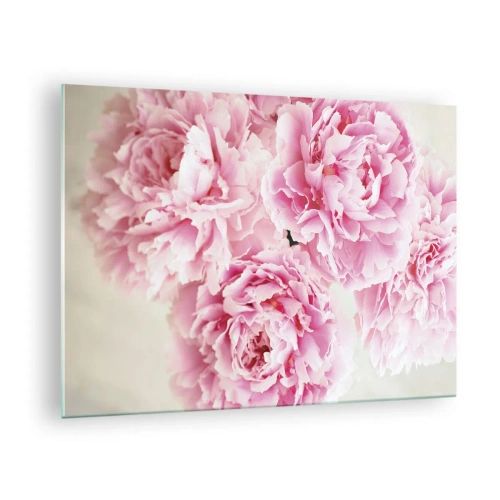 Quadro su vetro - Un bouquet di peonie rosa intenso su uno sfondo chiaro - 70x50cm - Nel fasto rosa - Decorazione murale moderna per soggiorno e camera da letto ARTTOR