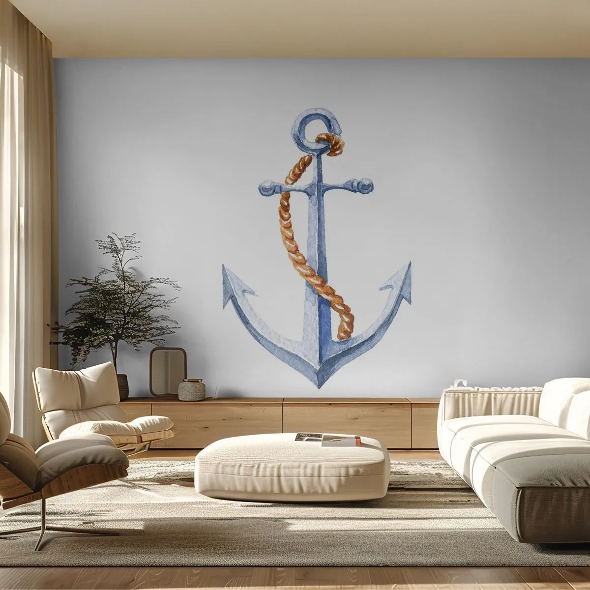 Fotomurali Premium Sand - Ancora acquerello con corda su sfondo bianco - 100x70cm - Benvenuta avventura! - Decorazione murale moderna per soggiorno e camera da letto ARTTOR