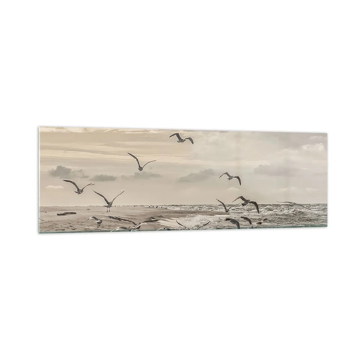Quadro su vetro - Un gabbiano in volo sopra un paesaggio costiero - 160x50cm - Brusio del mare, canto degli uccelli - Decorazione murale moderna per soggiorno e camera da letto ARTTOR
