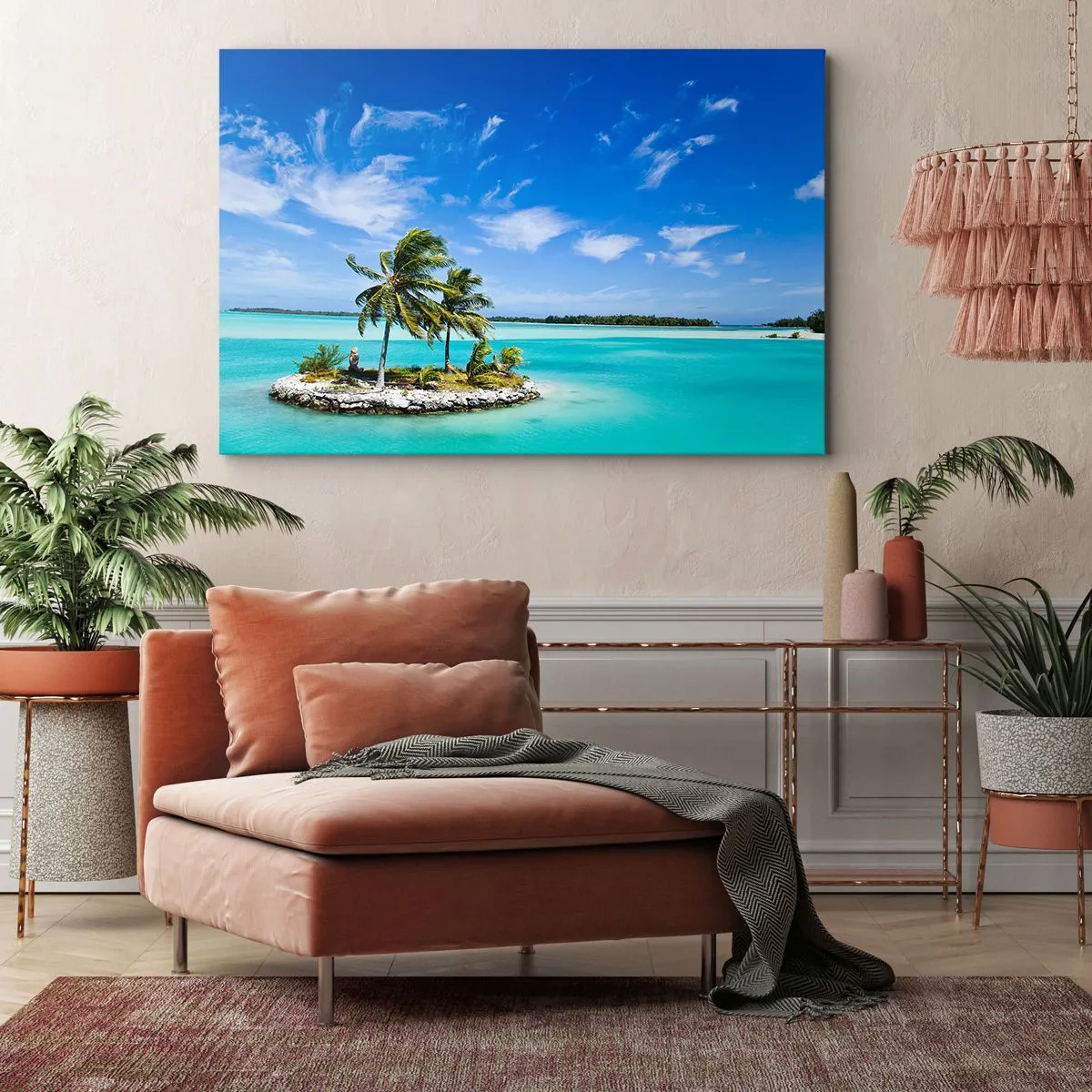 Quadro su tela - Stampe su Tela - Un'isola esotica con palme su acque turchesi - 70x50cm - Paradiso in terra - Decorazione murale moderna per soggiorno e camera da letto ARTTOR
