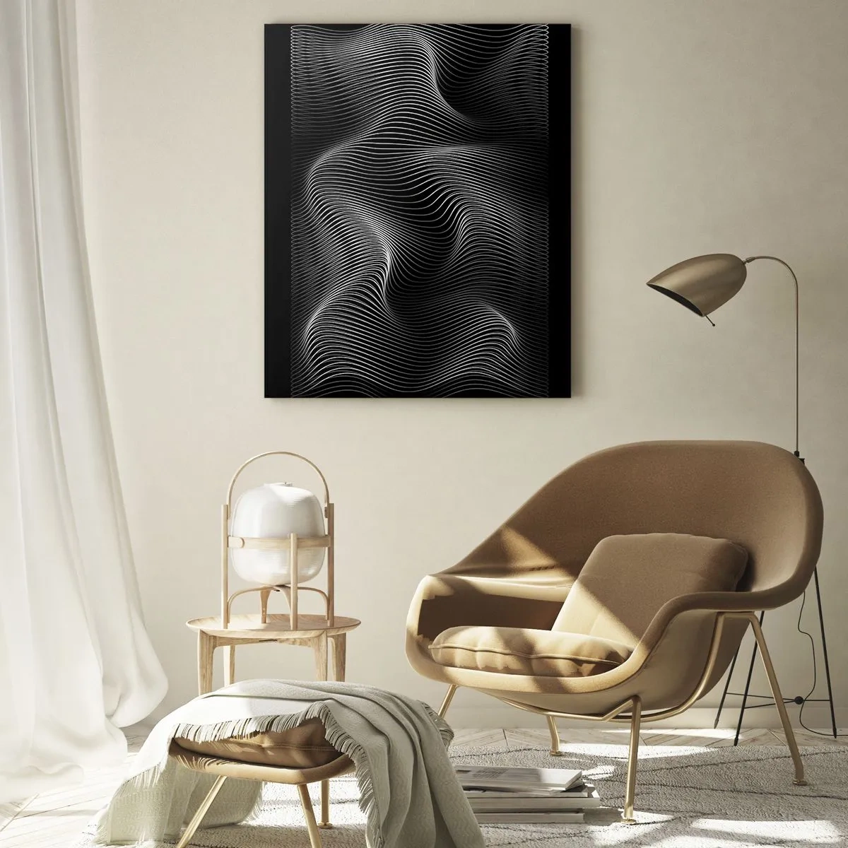 Quadro su vetro - Linee bianche astratte su sfondo nero - 70x100cm - La danza della luce nello spazio - Decorazione murale moderna per soggiorno e camera da letto ARTTOR