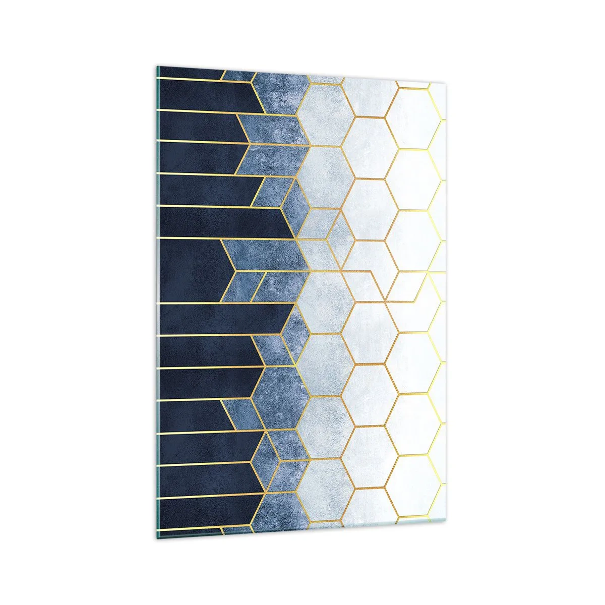 Quadro su vetro - Motivo geometrico nei toni dell'oro e del blu navy - 70x100cm - Composizione a ritmo sincopato - Decorazione murale moderna per soggiorno e camera da letto ARTTOR