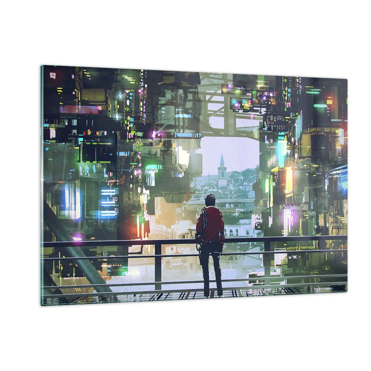 Quadro su vetro - Una figura sullo sfondo di una città futuristica con vista sulla città vecchia - 120x80cm - Due mondi - Decorazione murale moderna per soggiorno e camera da letto ARTTOR