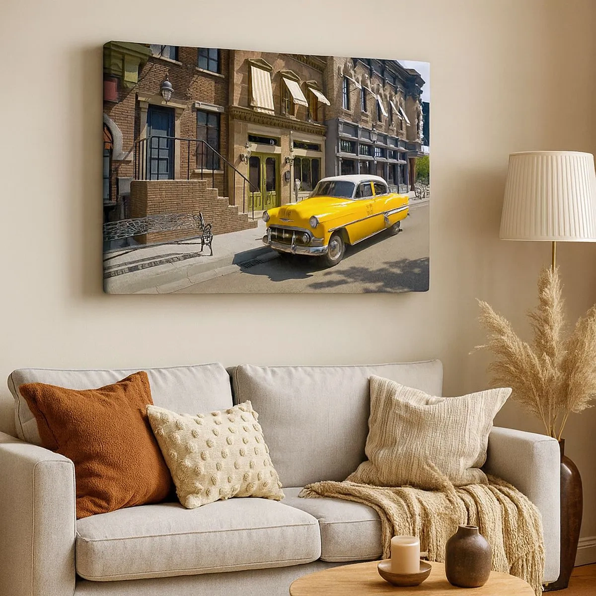 Quadro su tela - Stampe su Tela - Un taxi giallo su una strada fiancheggiata da case popolari - 70x50cm - Tanto tempo fa in America - Decorazione murale moderna per soggiorno e camera da letto ARTTOR
