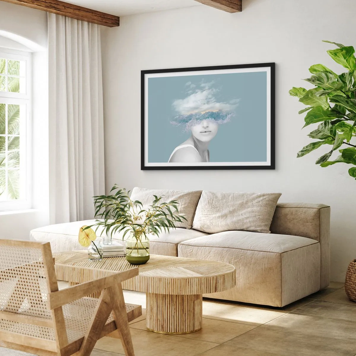 Poster in cornice nera - Ritratto di una donna con il viso nascosto dietro nuvole e onde - 70x50cm - Con la testa tra le nuvole - Decorazione murale moderna per soggiorno e camera da letto ARTTOR