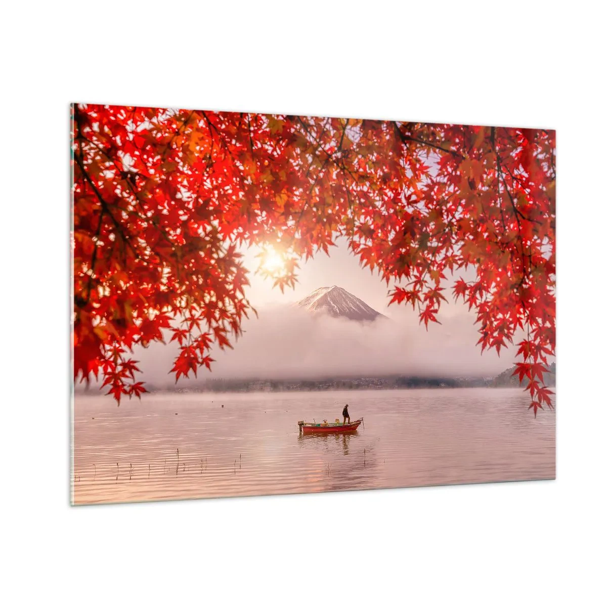 Quadro su vetro - Monte Fuji con una barca su un lago circondato da foglie rosse - 100x70cm - Nell'atmosfera del Giappone - Decorazione murale moderna per soggiorno e camera da letto ARTTOR