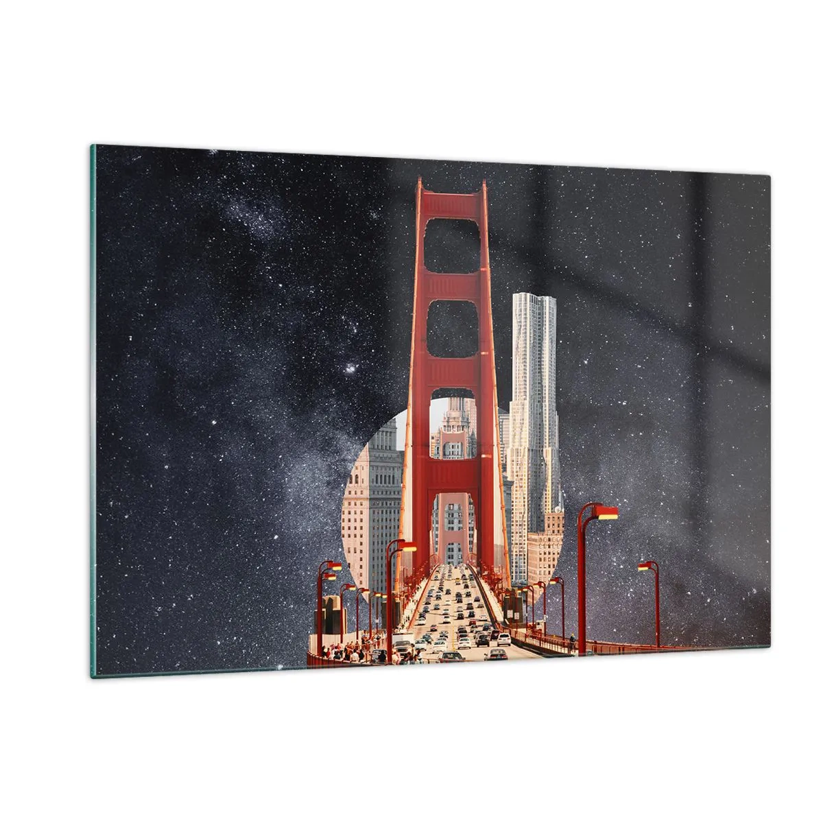 Quadro su vetro - Ponte e grattacieli sullo sfondo di una galassia surreale - 120x80cm - Sempre al centro - Decorazione murale moderna per soggiorno e camera da letto ARTTOR