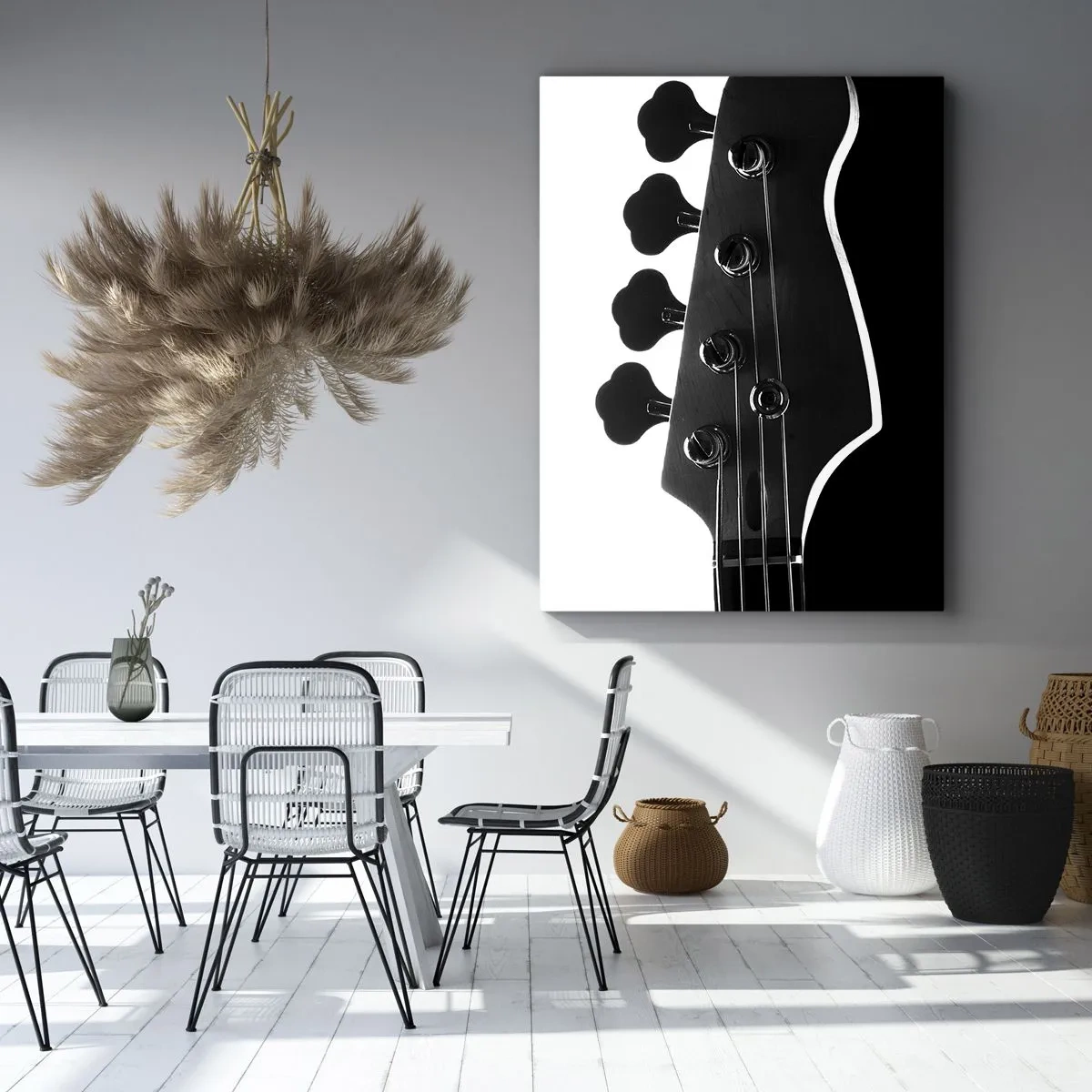 Quadro su tela - Stampe su Tela - Sagoma in bianco e nero della paletta di un basso - 50x70cm - Silenzio rock - Decorazione murale moderna per soggiorno e camera da letto ARTTOR