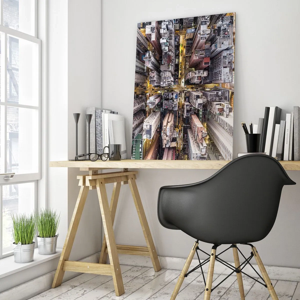 Quadro su vetro - Una vista a volo d'uccello di una città piena di grattacieli - 70x100cm - Saluti da Hong Kong - Decorazione murale moderna per soggiorno e camera da letto ARTTOR