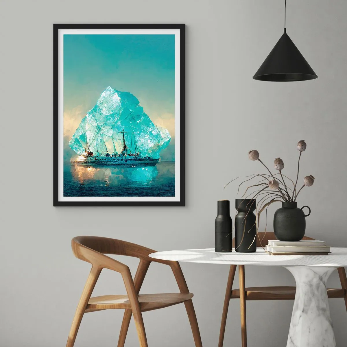 Poster in cornice nera - Una nave vicino a un iceberg gigante - 50x70cm - Brillante artico - Decorazione murale moderna per soggiorno e camera da letto ARTTOR