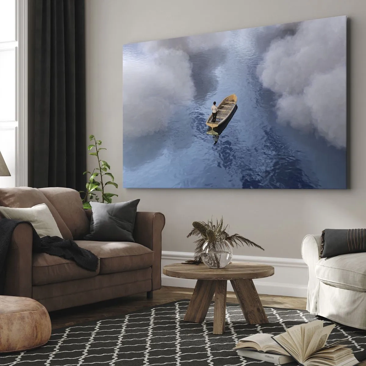 Quadro su tela - Stampe su Tela - Un uomo su una barca in un mare calmo circondato da nuvole - 70x50cm - Vita - viaggio - incertezza  - Decorazione murale moderna per soggiorno e camera da letto ARTTOR