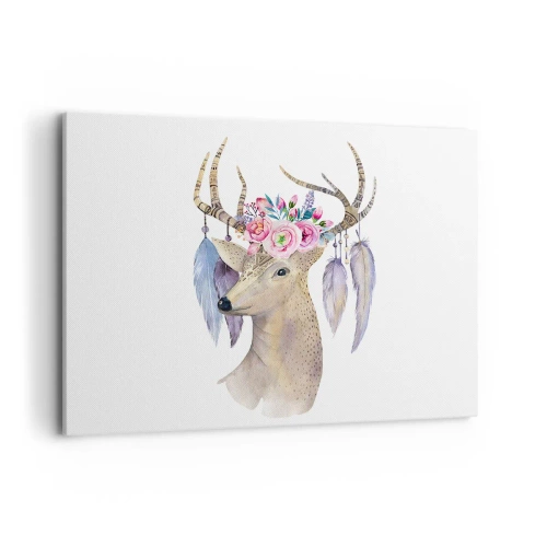 Quadro su tela - Stampe su Tela - Grafica romantica di un cervo con fiori e piume - 100x70cm - Guida delle anime: delicato e innocente - Decorazione murale moderna per soggiorno e camera da letto ARTTOR