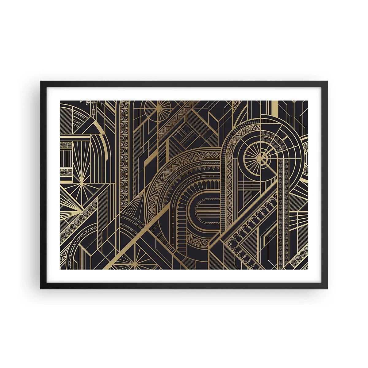 Poster in cornice nera - Motivi geometrici dorati su sfondo nero in stile Art Déco - 70x50cm - Concetti, idee, progetti - Decorazione murale moderna per soggiorno e camera da letto ARTTOR