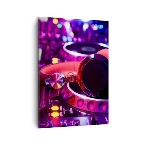 Quadro su tela - Stampe su Tela - Cuffie da DJ su una console con illuminazione al neon - 50x70cm - Prima che inizi la festa - Decorazione murale moderna per soggiorno e camera da letto ARTTOR