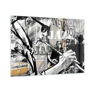 Quadro su vetro - Un elegante disegno di un musicista jazz che suona la tromba in un'ambientazione newyorkese. - 100x70cm - Al ritmo di New York - Decorazione murale moderna per soggiorno e camera da letto ARTTOR