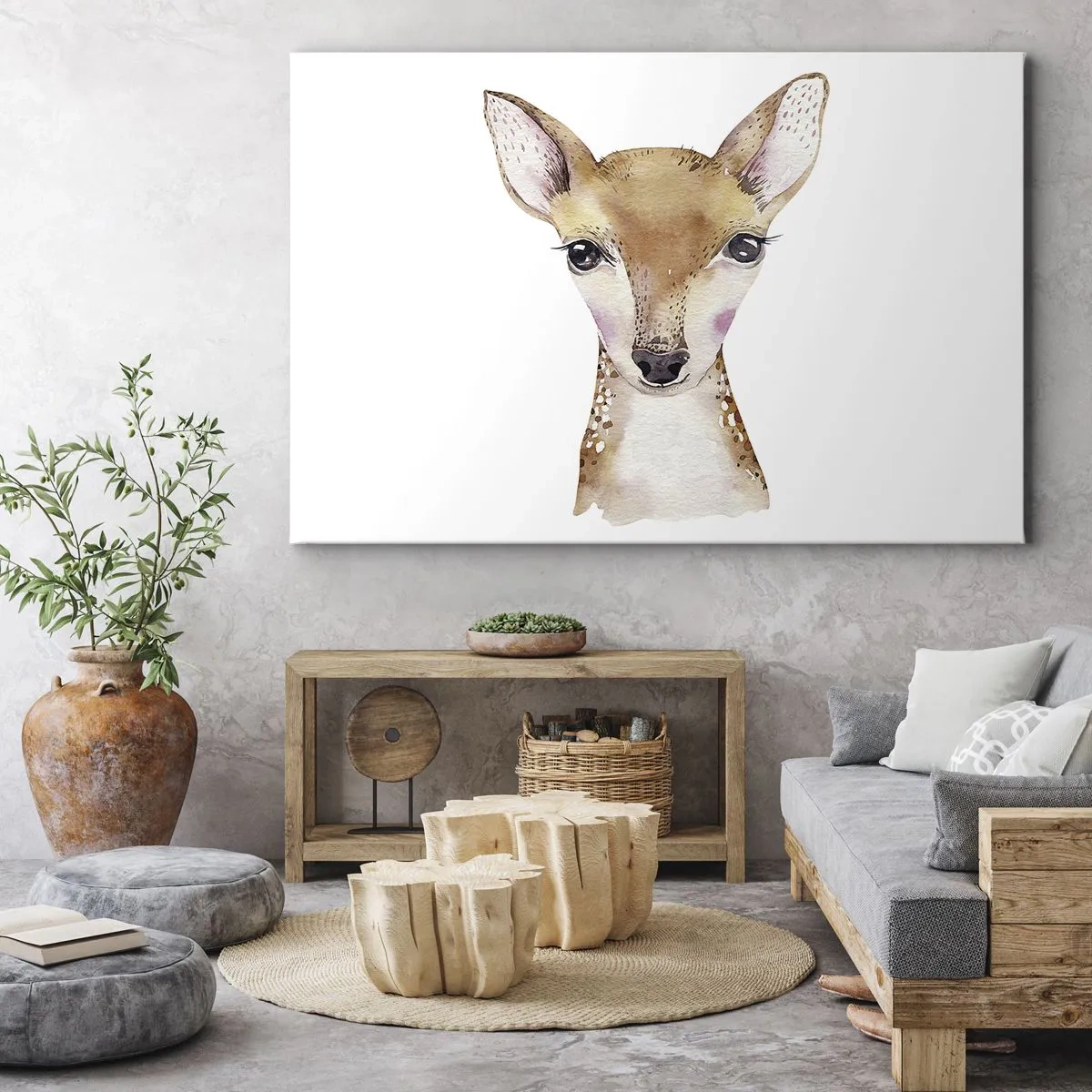 Quadro su tela - Stampe su Tela - Ritratto ad acquerello di un giovane capriolo su sfondo bianco - 70x50cm - La natura dell'innocenza - Decorazione murale moderna per soggiorno e camera da letto ARTTOR