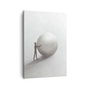 Quadro su tela - Stampe su Tela - Una figura minimalista con una palla su uno sfondo chiaro e monocromatico. - 50x70cm - Il gioco della vita - Decorazione murale moderna per soggiorno e camera da letto ARTTOR