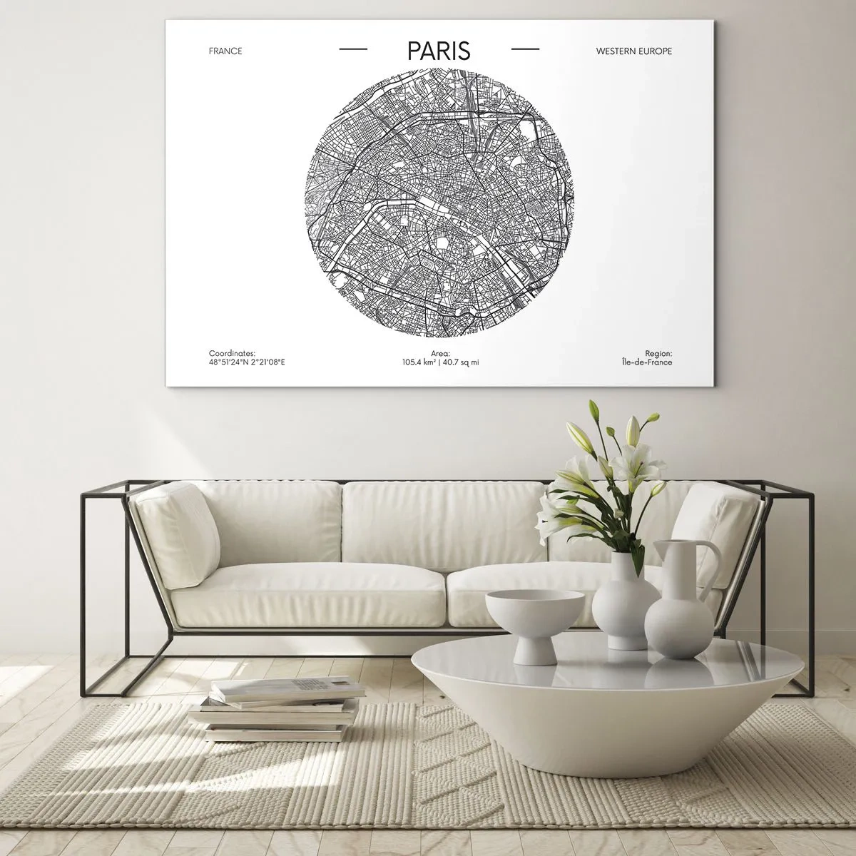 Quadro su vetro - Una mappa circolare di Parigi in illustrazione in bianco e nero - 70x50cm - Anatomia di Parigi - Decorazione murale moderna per soggiorno e camera da letto ARTTOR