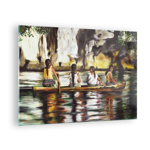 Quadro su vetro - Donne in barca sullo sfondo di pittoresche rocce e acqua - 70x50cm - Nel paradiso della Polinesia - Decorazione murale moderna per soggiorno e camera da letto ARTTOR