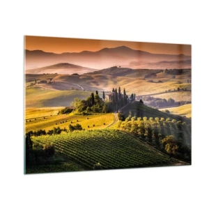 Quadro su vetro - Paesaggio toscano all'alba - 100x70cm - Arcadia: paesaggio toscano - Decorazione murale moderna per soggiorno e camera da letto ARTTOR