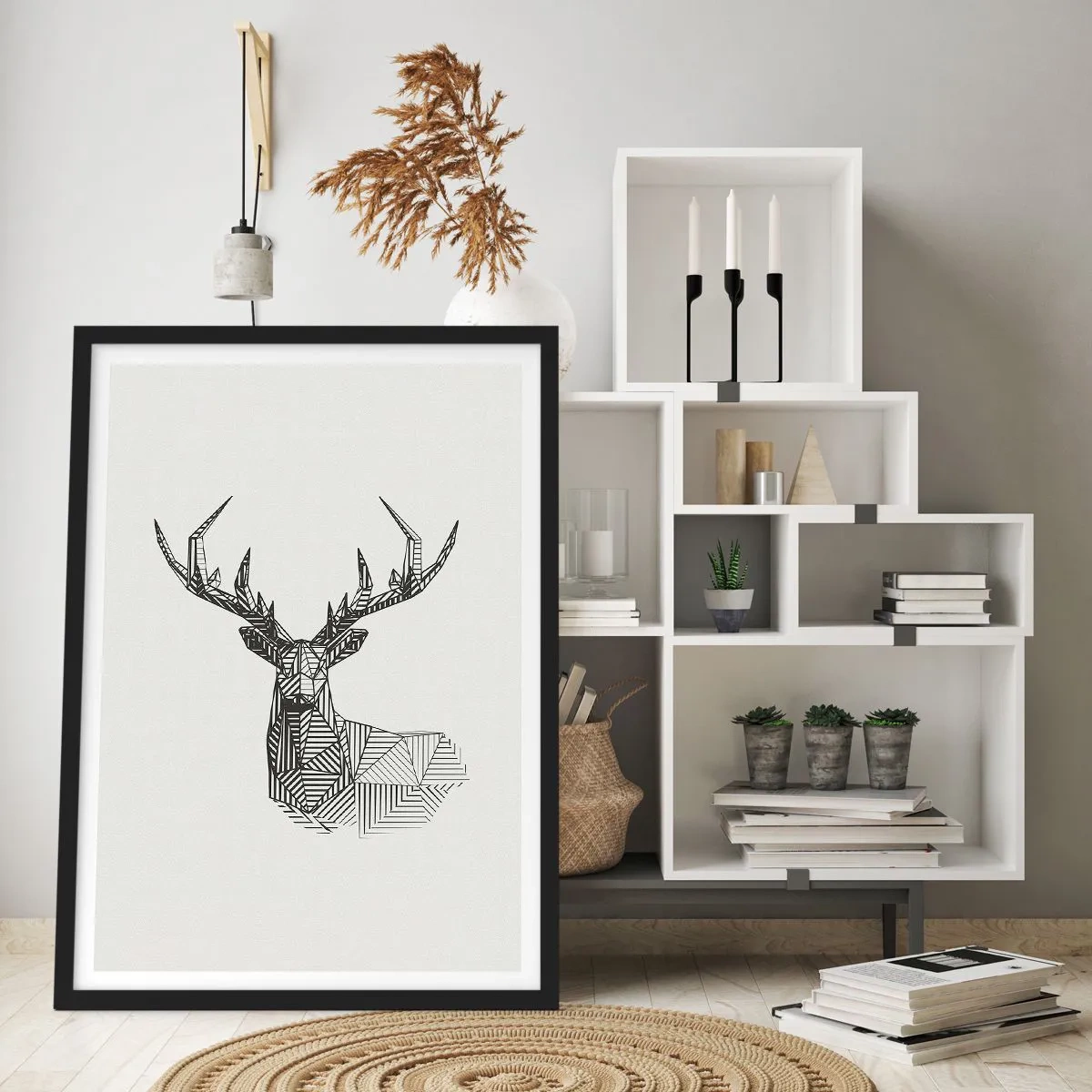 Poster in cornice nera - Silhouette geometrica di un cervo in stile bianco e nero - 50x70cm - Cervo in stile cubista - Decorazione murale moderna per soggiorno e camera da letto ARTTOR