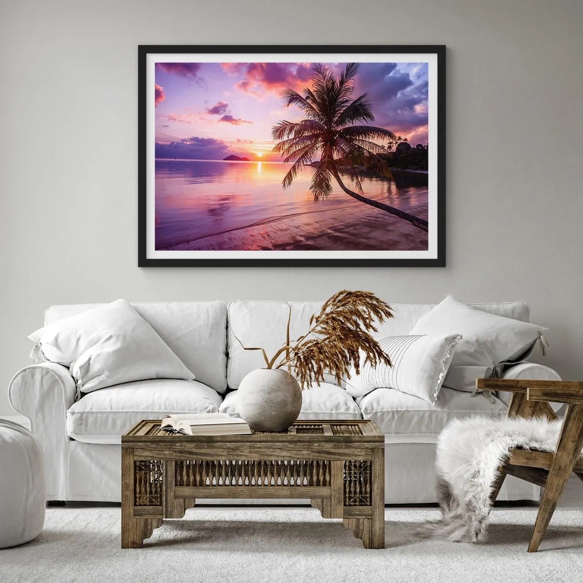 Poster in cornice nera - Spiaggia tropicale con palme al tramonto - 100x70cm - Beatitudine a perdita d'occhio - Decorazione murale moderna per soggiorno e camera da letto ARTTOR