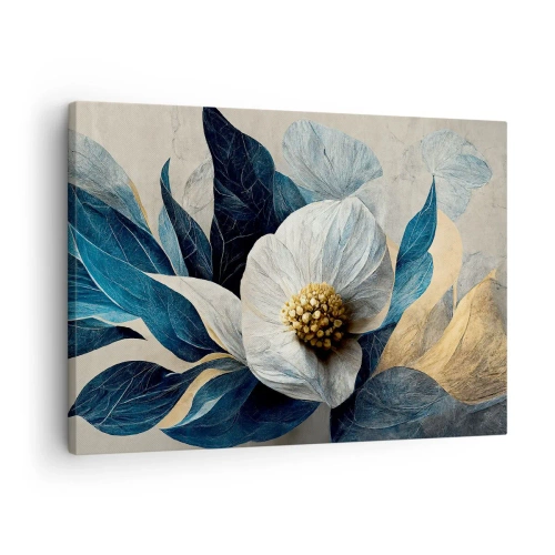 Quadro su tela - Stampe su Tela - Un fiore con foglie blu su uno sfondo elegante - 70x50cm - Ha un cuore d'oro - Decorazione murale moderna per soggiorno e camera da letto ARTTOR
