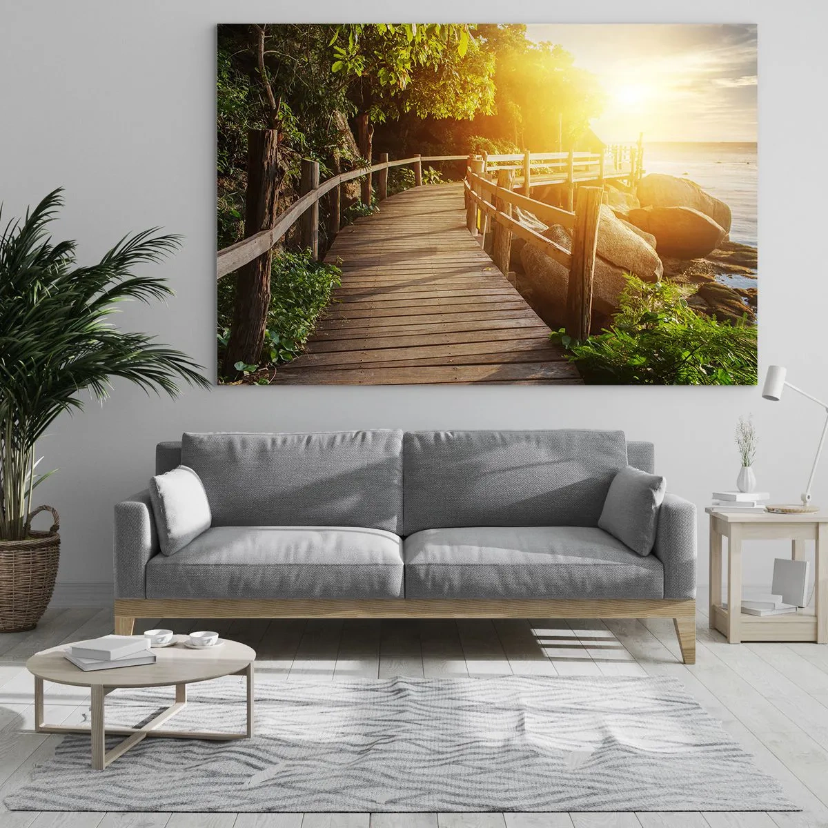 Quadro su vetro - Un sentiero in legno tra gli alberi in riva al mare alla luce del tramonto - 100x70cm - Altra curva, altre meraviglie - Decorazione murale moderna per soggiorno e camera da letto ARTTOR