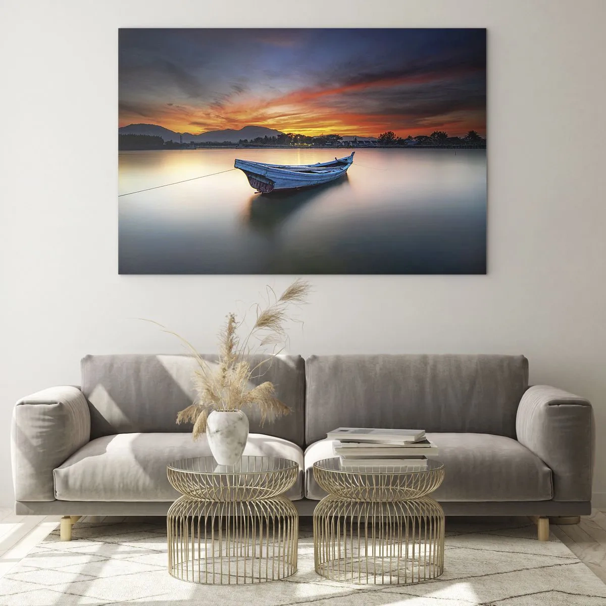 Quadro su vetro - Barca di legno sul lago al tramonto - 70x50cm - Viene una notte buona - Decorazione murale moderna per soggiorno e camera da letto ARTTOR