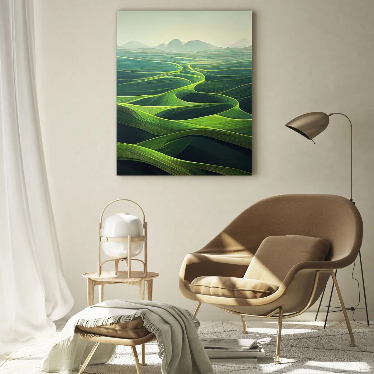 Quadro su vetro - Colline verdi con sentieri ondulati - 70x100cm - Nelle valli verdi - Decorazione murale moderna per soggiorno e camera da letto ARTTOR