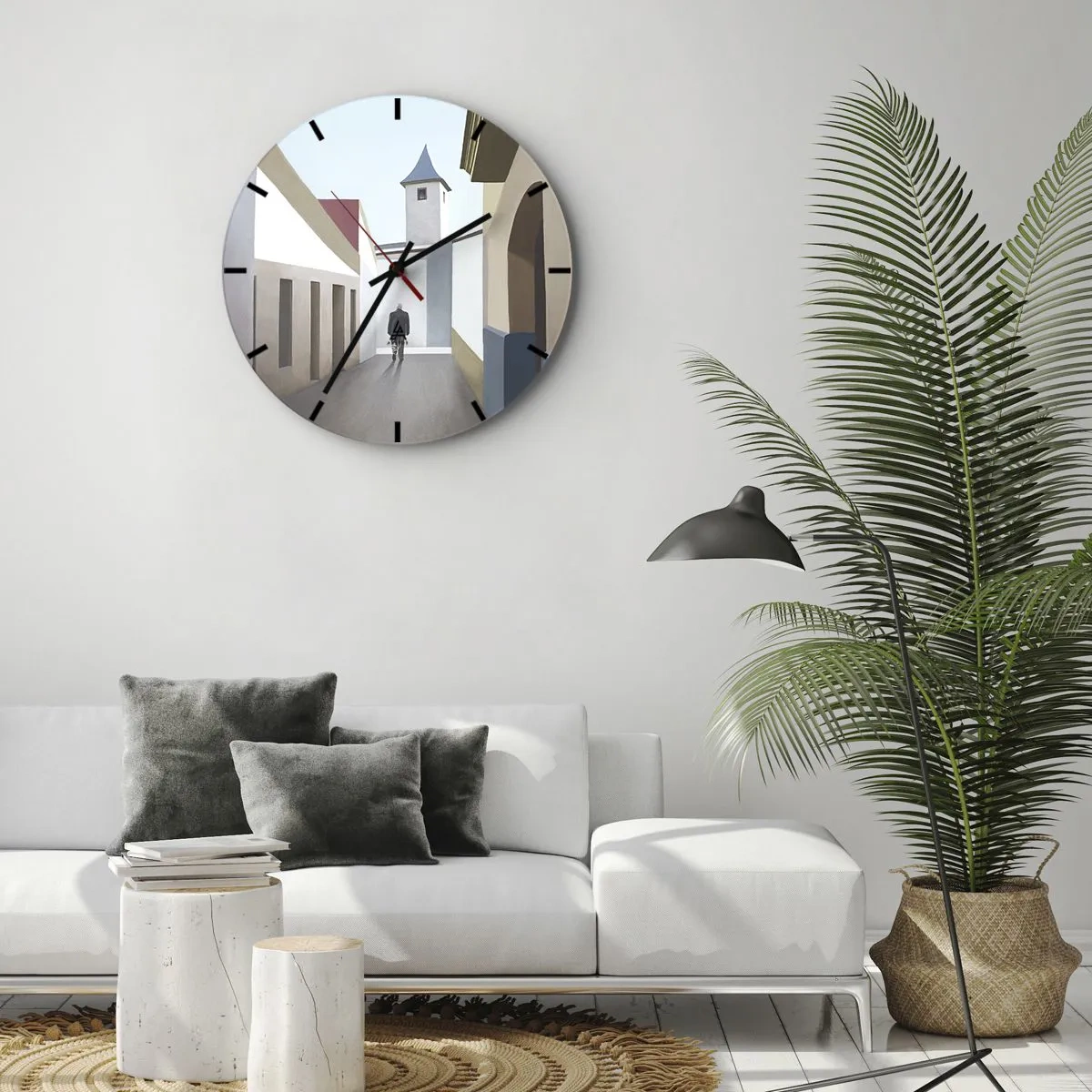 Orologio da parete - Orologio in Vetro - Una figura sullo sfondo di una strada cittadina in un ambiente luminoso e geometrico - 30x30cm - Passeggiata assolata - Decorazione murale moderna per soggiorno, cucina e camera da letto ARTTOR