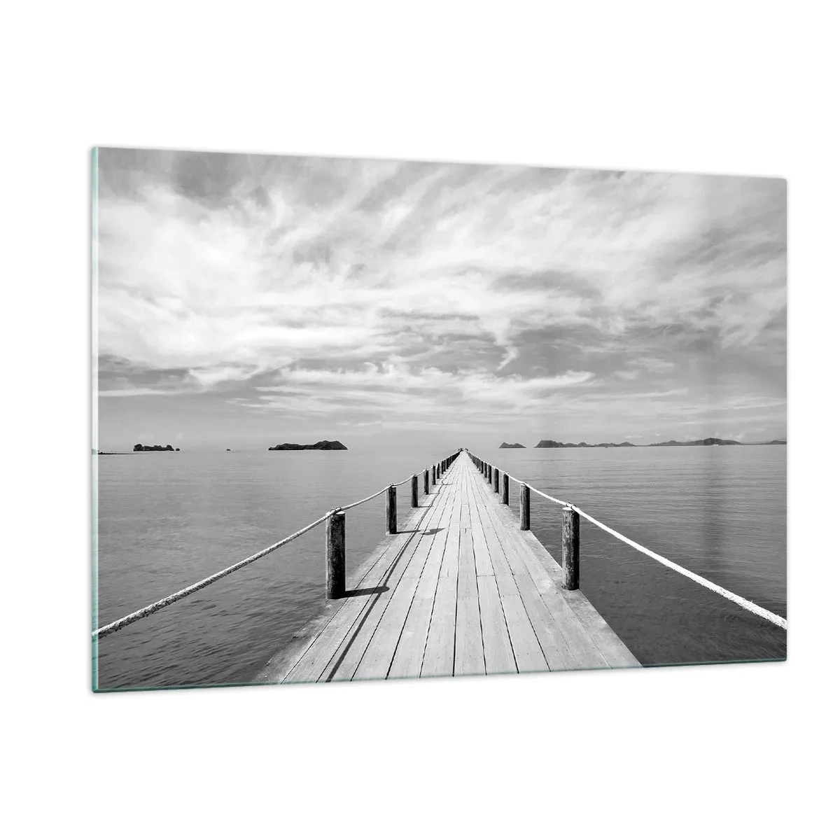 Quadro su vetro - Un molo di legno che si estende in lontananza attraverso un mare calmo - 120x80cm - Forse un viaggio... - Decorazione murale moderna per soggiorno e camera da letto ARTTOR