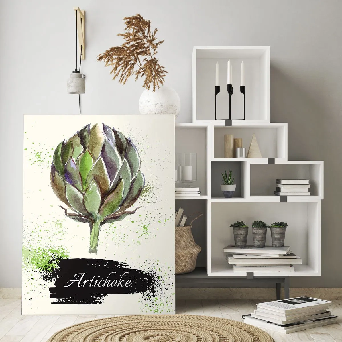 Quadro su vetro - Carciofo acquerello con testo su sfondo chiaro con accenti verdi - 70x100cm - Evviva la verdura! - Decorazione murale moderna per soggiorno e camera da letto ARTTOR